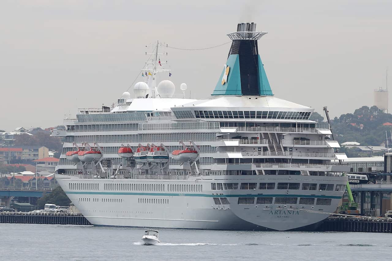 The cruise ship Artania preparing to depart Fremantle harbour on Saturday, April 18, 2020.