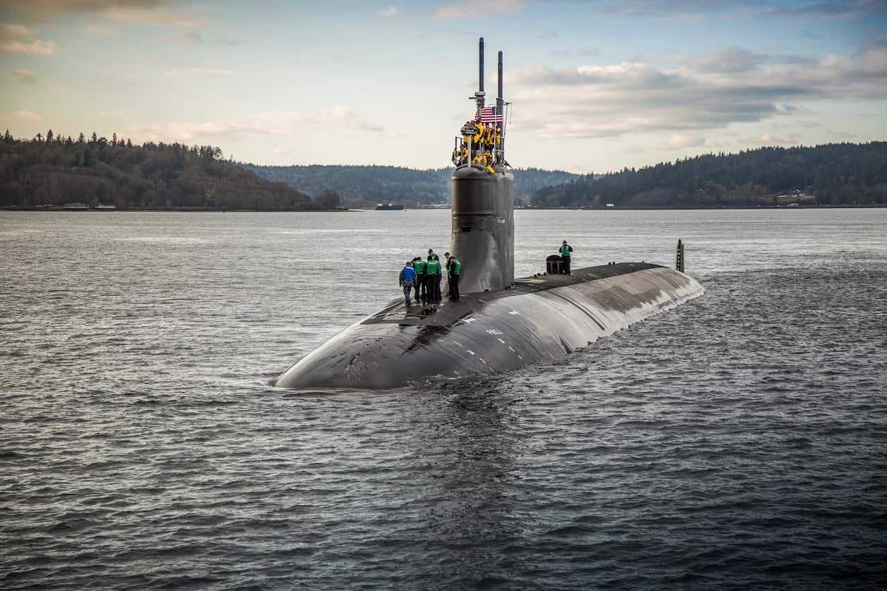 A US Seawolf nuclear submarine departs Puget Sound Naval Shipyard for sea trials