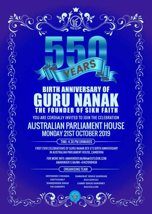 The first celebration of Guru Nanak's birthday at Australian Parliament House, Canberra