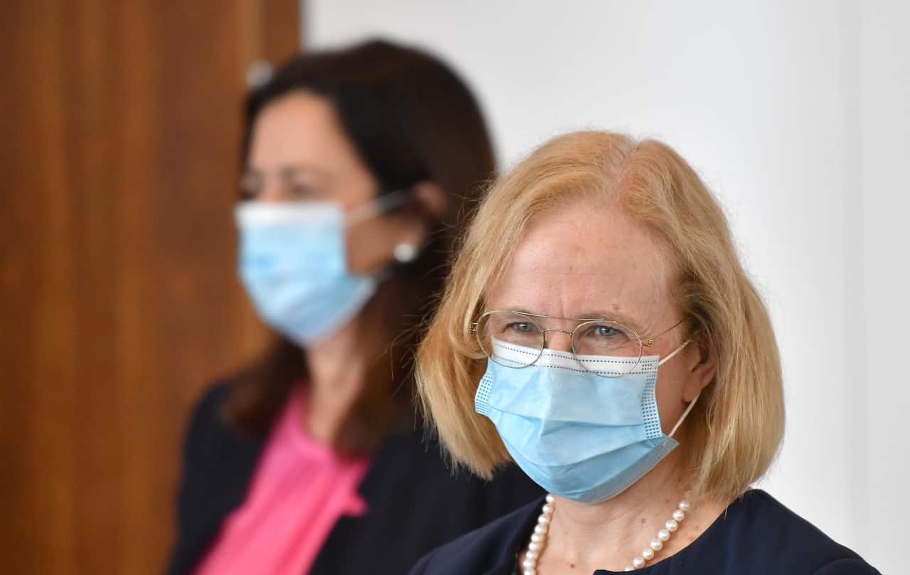 Queensland Premier Annastacia Palaszczuk (left) and Chief Health Officer Dr Jeannette Young (right) are seen during a press conference in Brisbane. 
