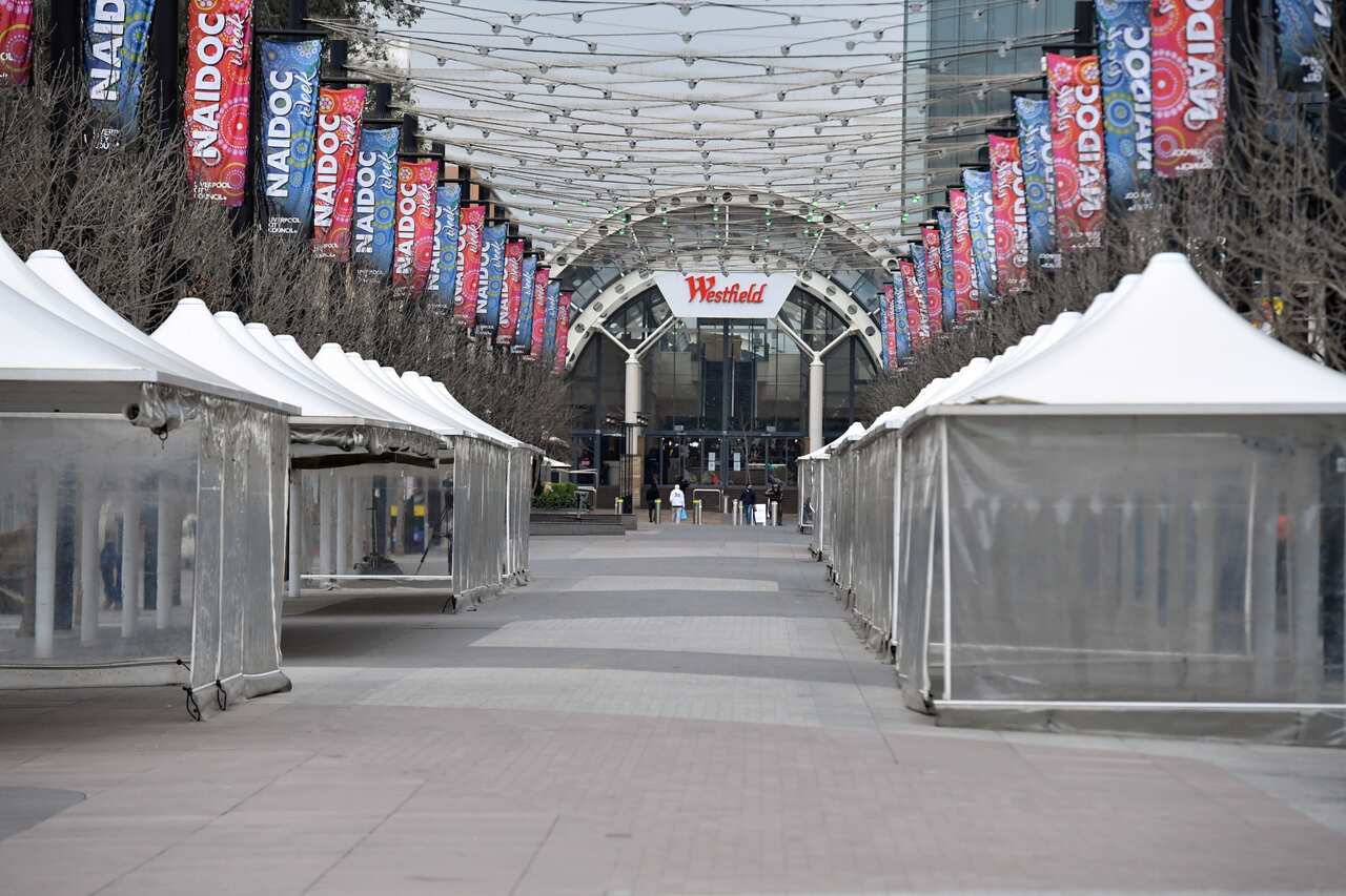 An empty plaza  is seen in the southwestern suburb of Liverpool in Sydney on Friday, 9 July, 2021. 