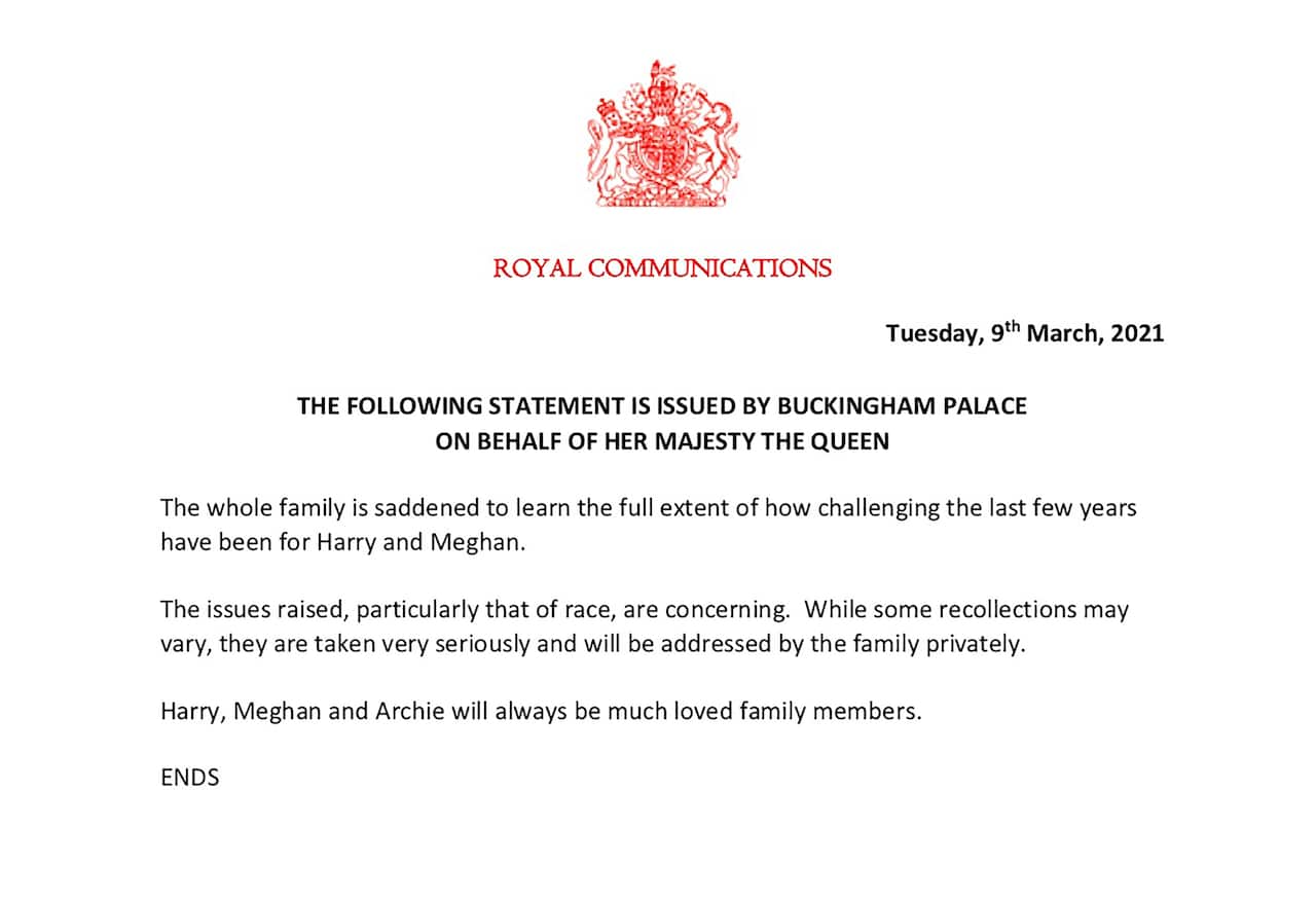 The statement is the first comment by the palace following Harry and Meghans two hour interview with Oprah Winfrey.