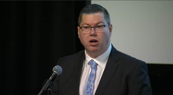 Labor frontbencher Pat Conroy delivers his speech at the Australian National University.