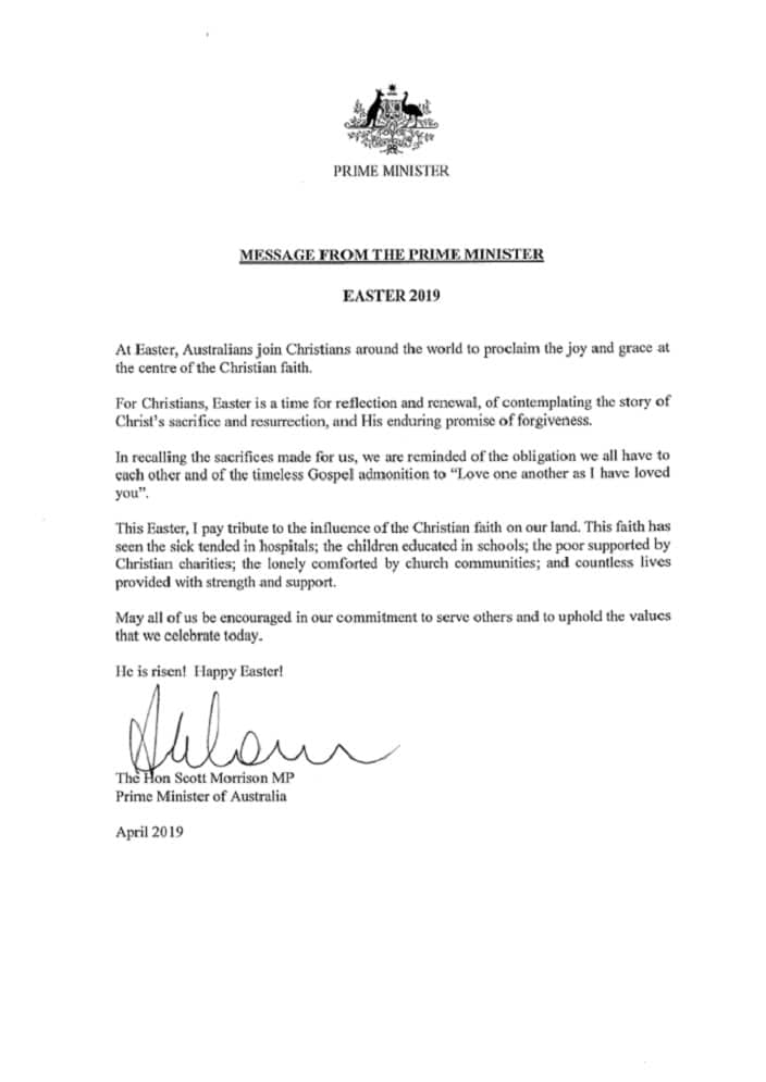 Australia's prime minister Scott Morrison "Easter Message". 