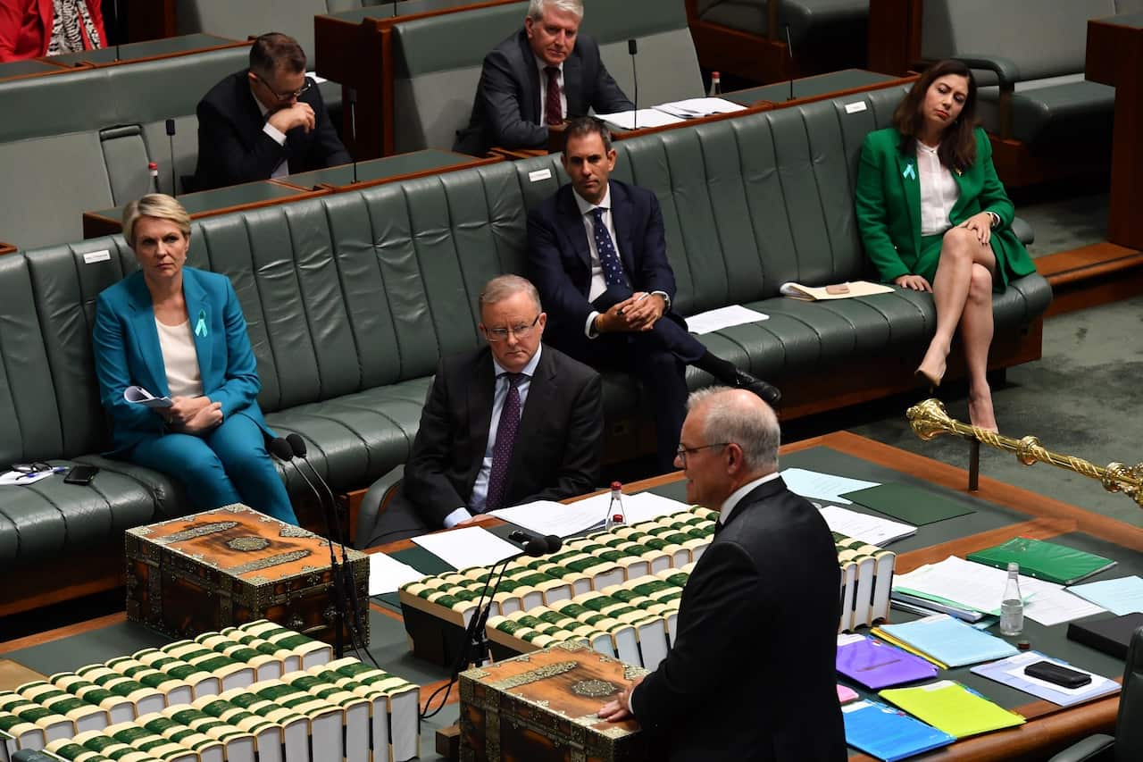 Prime Minister Scott Morrison and Leader of the Opposition Anthony Albanese during Question Time on 24 February, 2021.