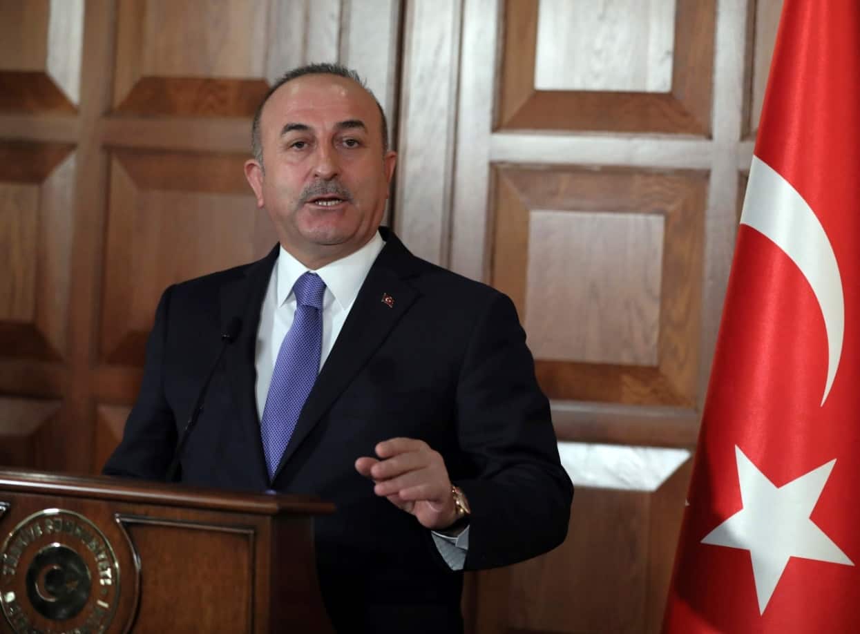 Turkey's Foreign Minister Mevlut Cavusoglu speaks on Feb 22