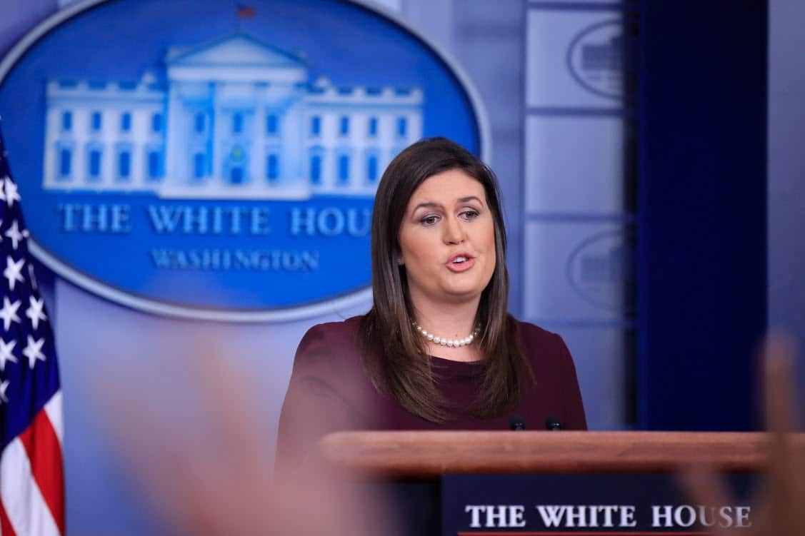 White House press secretary Sarah Huckabee Sanders talks to reporters during the daily press briefing in the Brady press briefing room at the White House, in Washington, Wednesday, Oct. 3, 2018.
