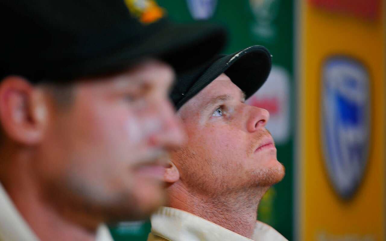 Steve Smith (capt) and Cameron Bancroft (L) of Australia during day 3 of the 3rd Sunfoil Test match between South Africa and Australia.