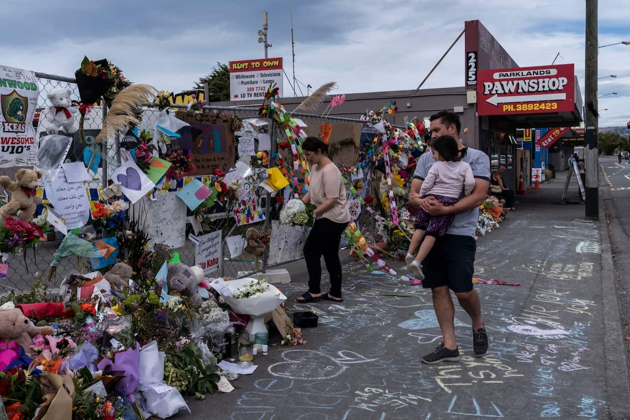 A makeshift memorial to victims of the mass shooting outside the Linwood Mosque in Christchurch,