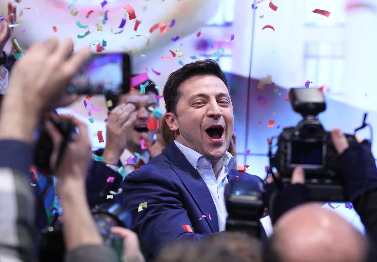 Ukrainian comedian and presidential candidate Volodymyr Zelenskiy smiles after the second round of presidential elections in Kiev, Ukraine.