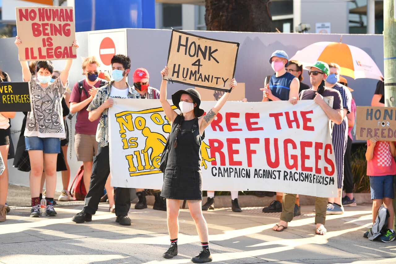 Protesters outside the Mantra hotel in Preston on Monday.