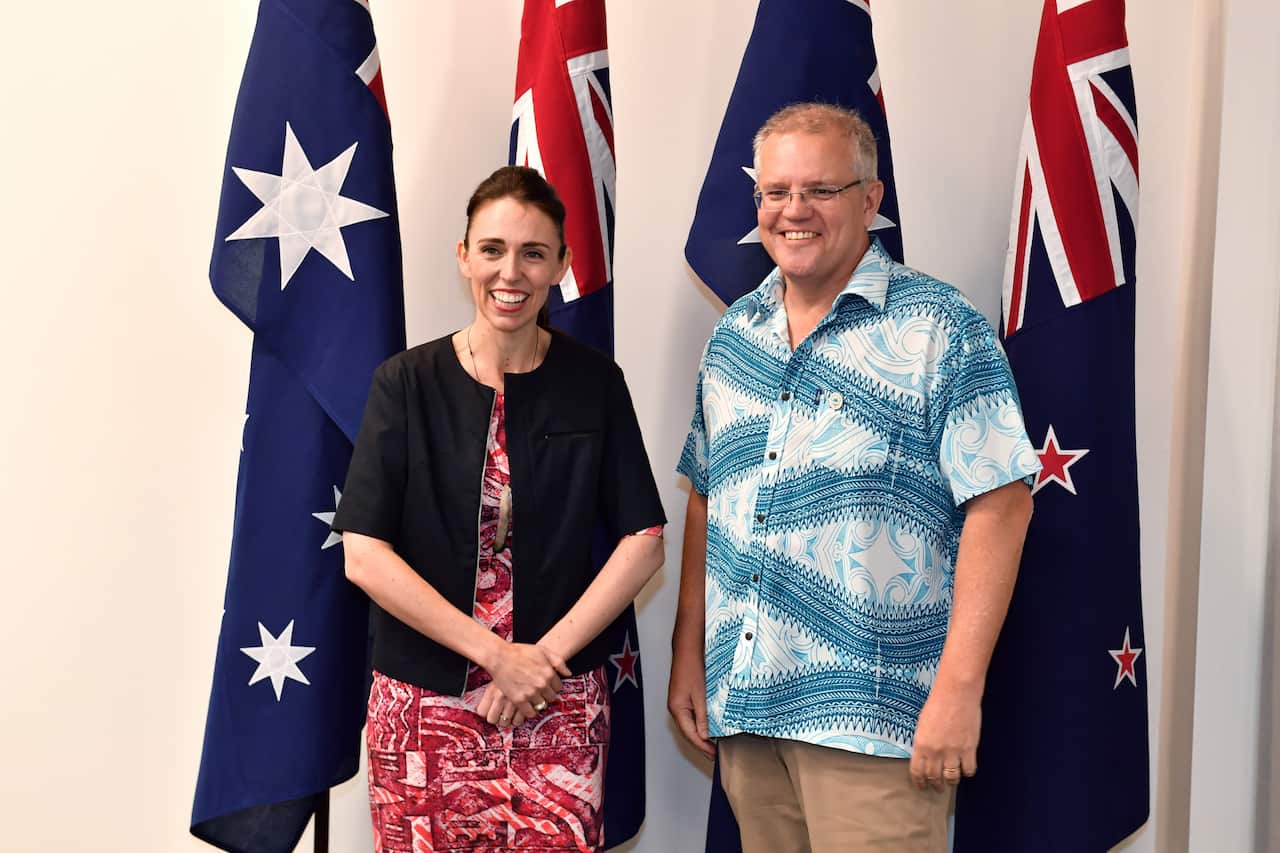 New Zealand's Prime Minister Jacinda Ardern meets with Australia's Prime Minister Scott Morrison for a bilateral meeting during the Pacific Islands Forum in Funafuti, Tuvalu, Wednesday, August 14, 2019. (AAP Image/Mick Tsikas) NO ARCHIVING