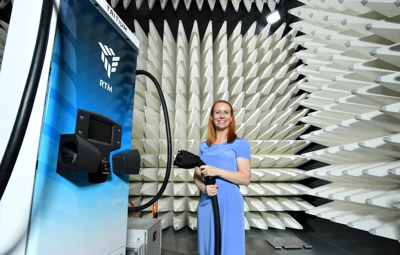 Jane Hunter, CEO of Tritium, inside the Tritium Electric Vehicle Charging Test Facility in Brisbane.  