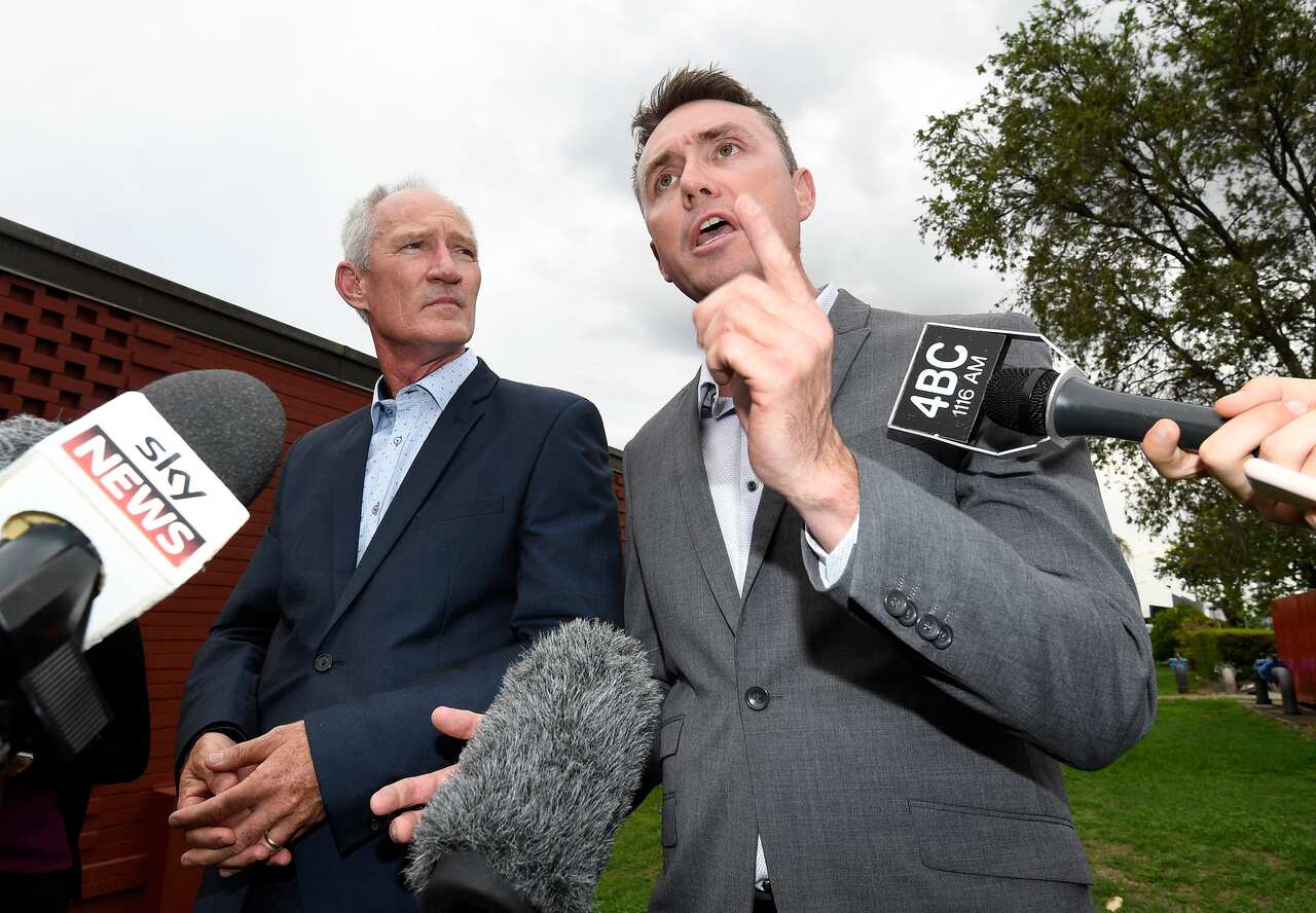 One Nation party officials Steve Dickson (left) and James Ashby field questions during a press conference in Brisbane.