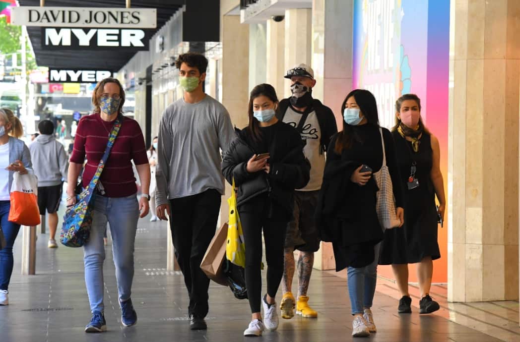 People along Bourke Street Mall outside of Myer in Melbourne, Wednesday, October 28, 2020