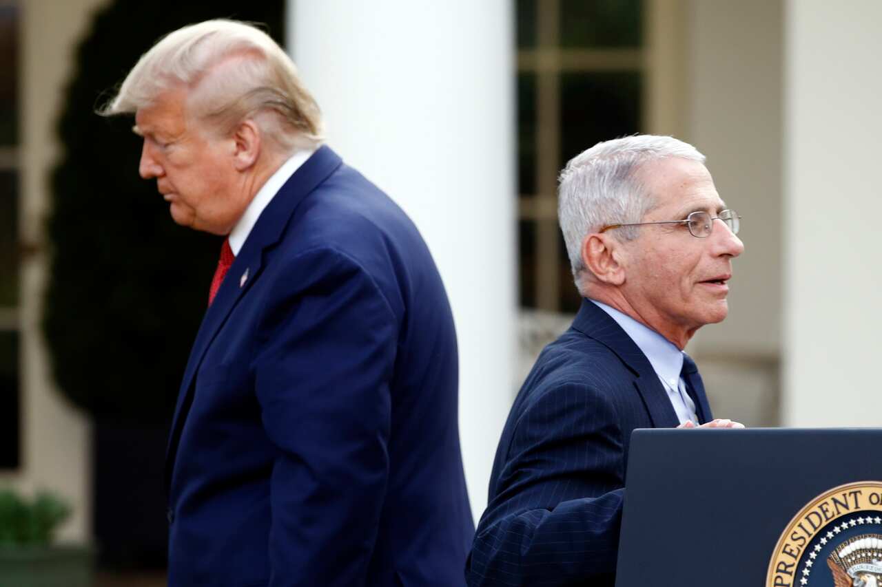 Dr Anthony Fauci and President Donald Trump during a coronavirus task force briefing in the Rose Garden of the White House, Sunday, 29 March, 2020.