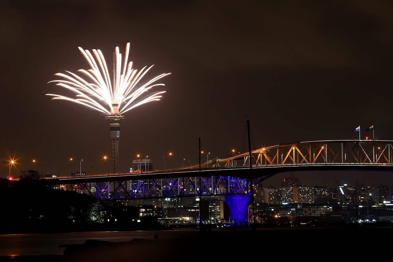Fireworks explode from the Sky Tower during Auckland New Year's Eve celebrations.