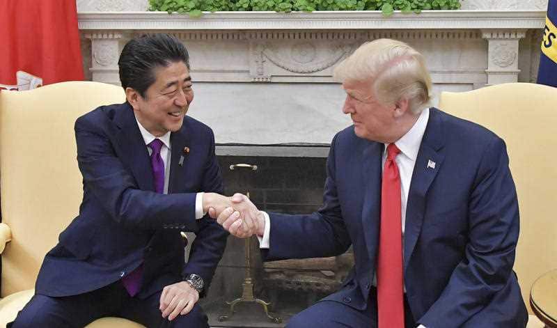 U.S. President Donald Trump (R) and Japan's Prime Minister Shinzo Abe hold a summit meeting at the White House in Washington D.C., U.S.A. on June 7, 2018.