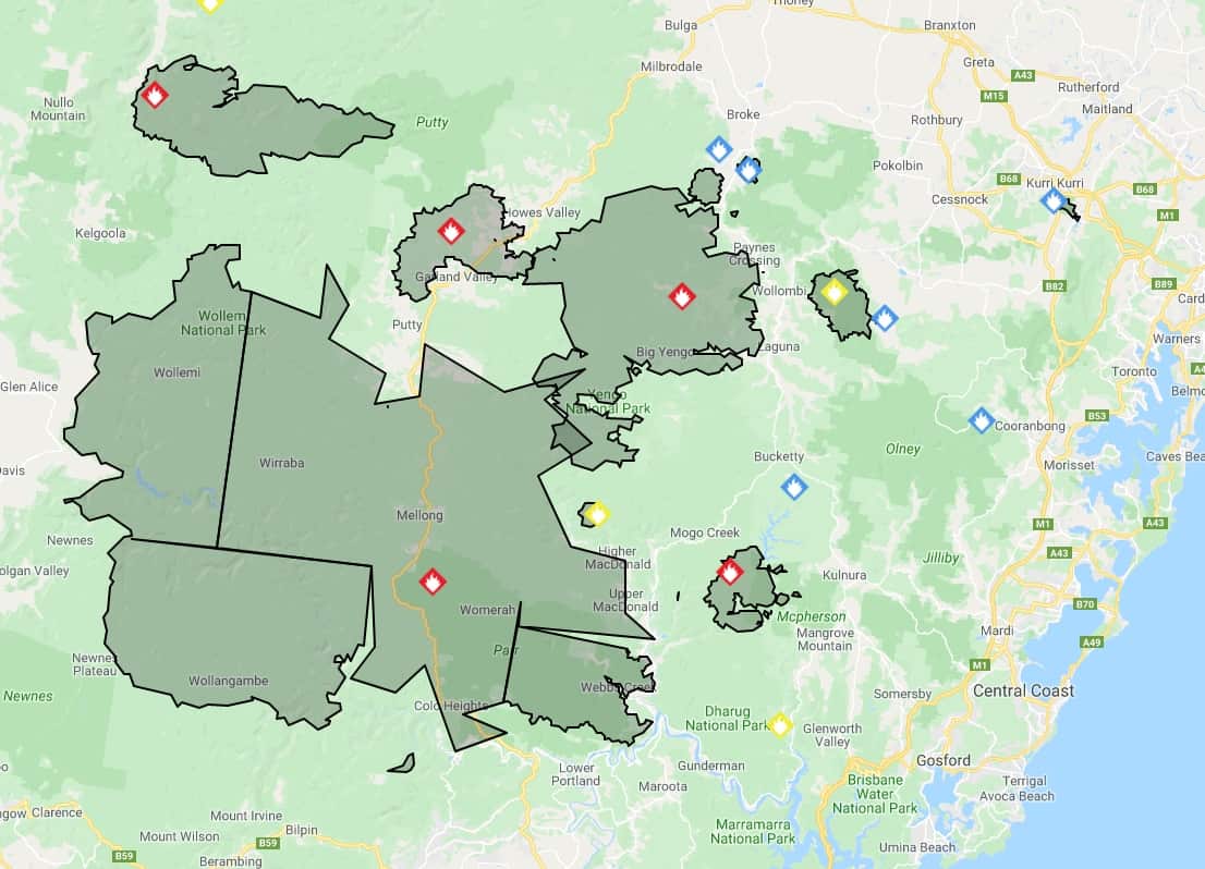 Three fires burning north of Sydney in New South Wales merge together..