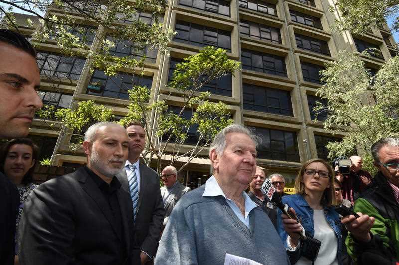 Jack Mundey speaks to the media outside the Sirius Apartments at 44 Cumberland Street in The Rocks, Sydney, Wednesday, Sept. 14, 2016