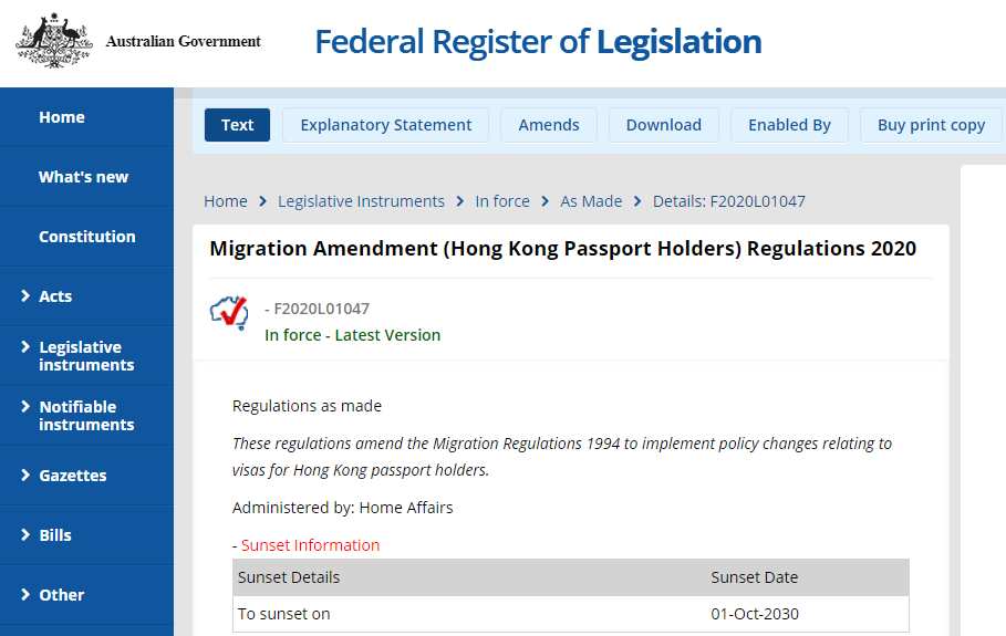 Migration Amendment (Hong Kong Passport Holders) Regulations 2020