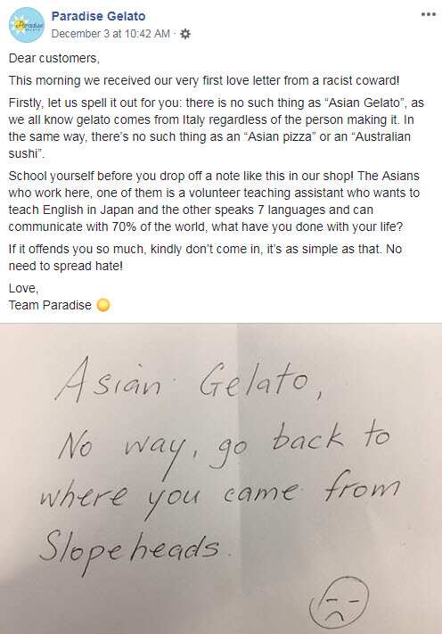 Asian gelato shop owner received racist note.