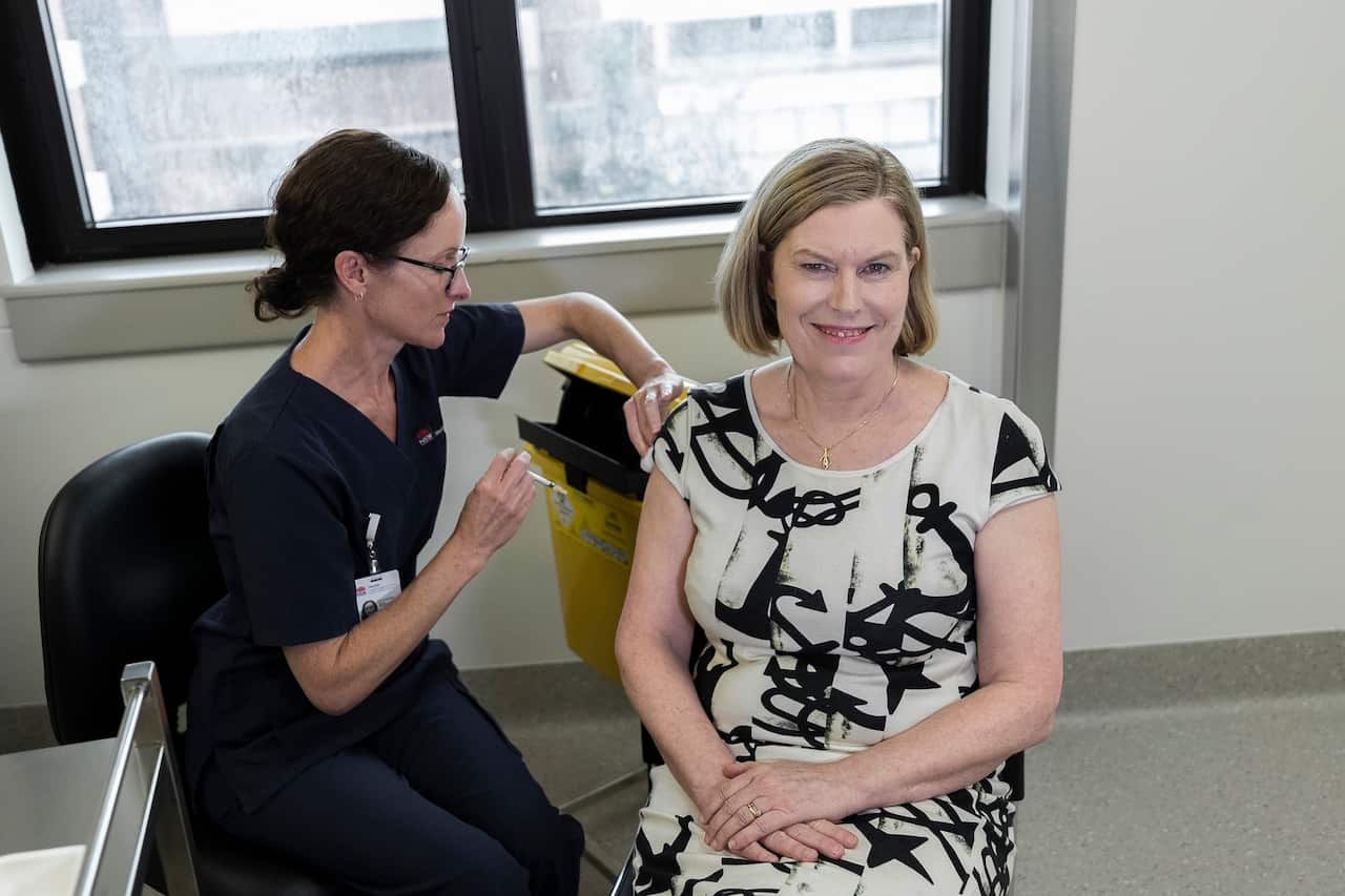 NSW Chief Health Officer Kerry Chant receives the AstraZeneca vaccine at St George Hospital in Kogarah, Sydney on 10 March 2021. 