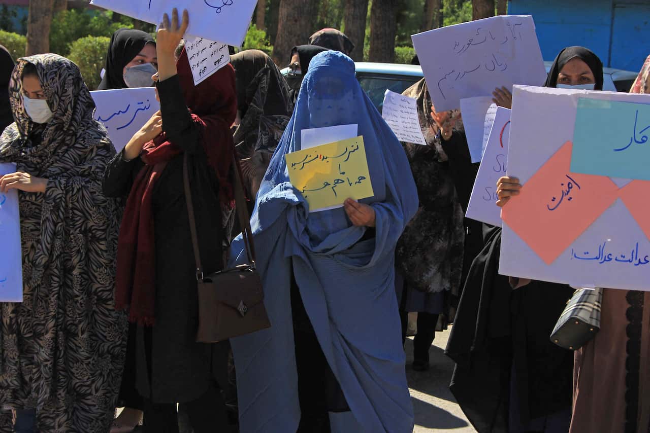 Afghan women hold placards as they take part in a protest in Herat