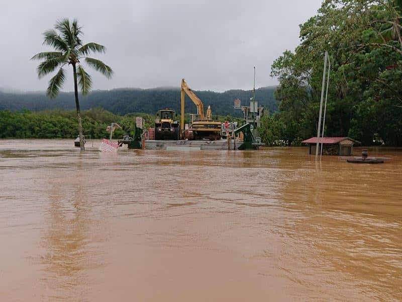 A vessel is seen on flooded Daintree River flooded river.