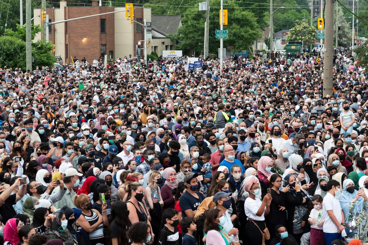 Members of the Muslim community and supporters gather for a vigil at the London Muslim Mosque on 8 June, 2021 in London, Canada. 