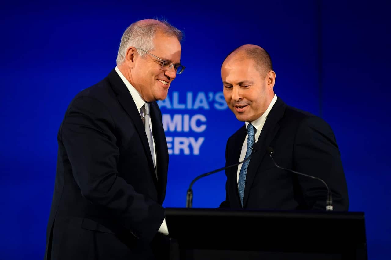 Treasurer Josh Frydenberg and Australian Prime Minister Scott Morrison speak during the 62nd Federal Council of the Liberal Party of Australia.