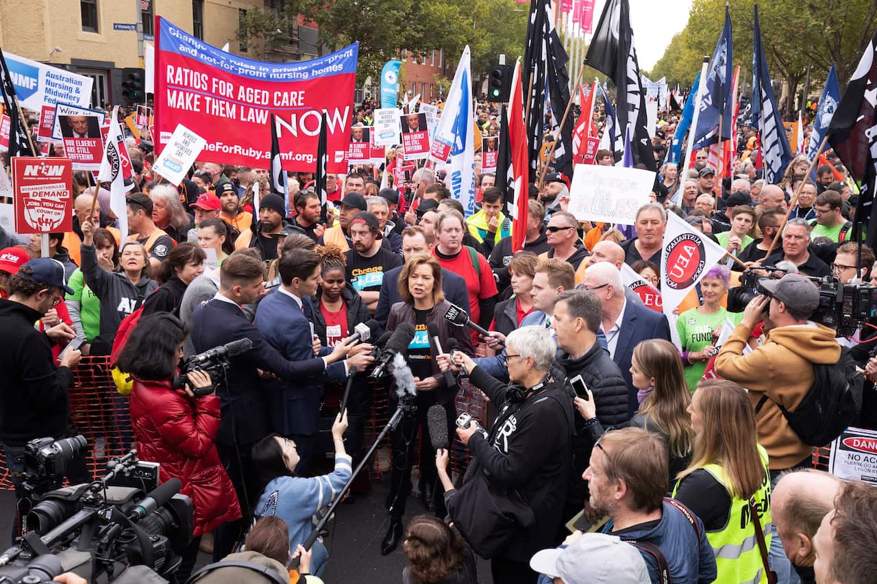 Australian Council of Trade Unions (ACTU) president Michele O'Neil speaks as thousands of protesters gather at the Change the Rules rally in Melbourne.