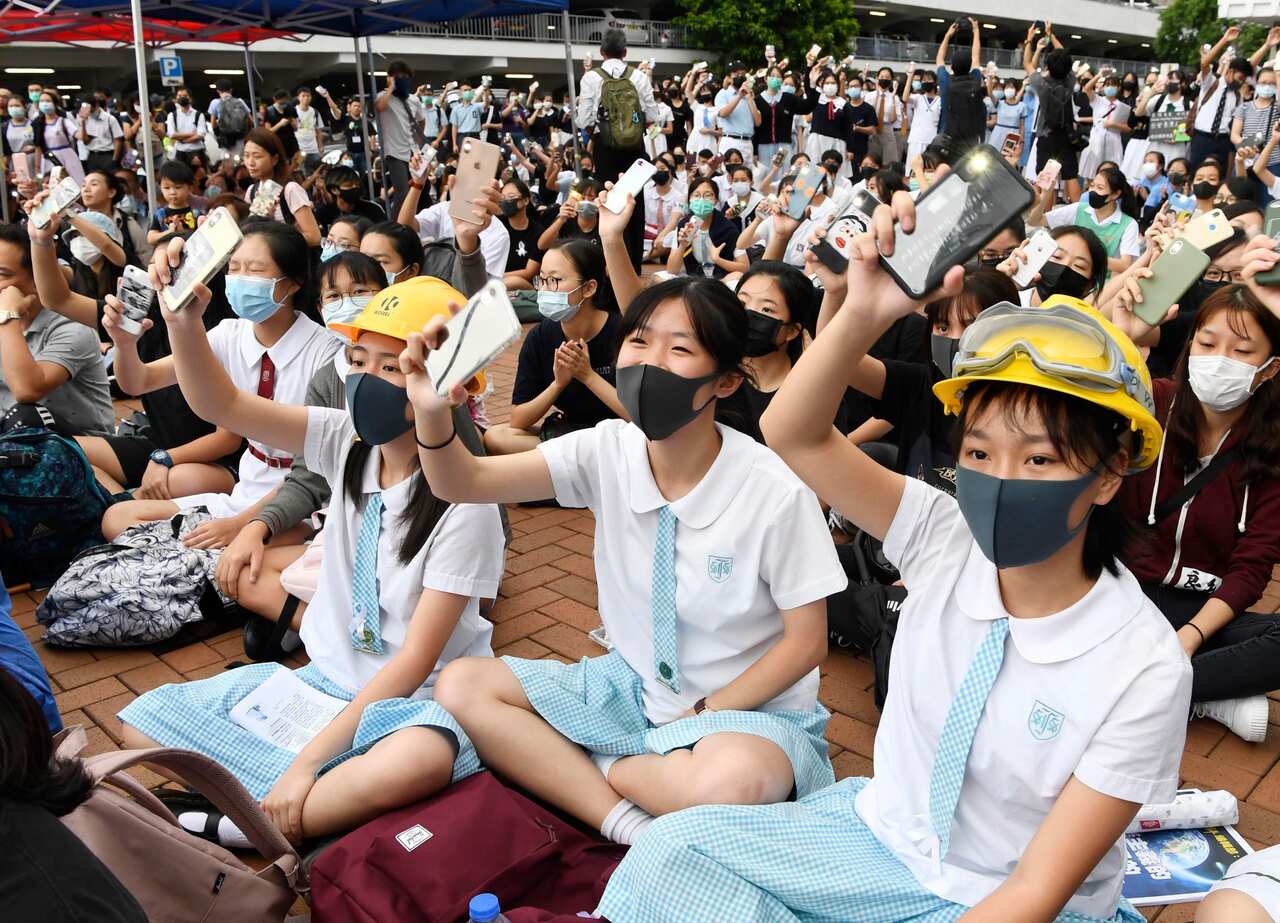 About 4,000 secondary school students boycott their classes and attend an anti-extradition bill protest at Edinburgh Place in central Hong Kong on Sept. 2, 2019, the first day of the new school year. (Kyodo via AP Images) ==Kyodo