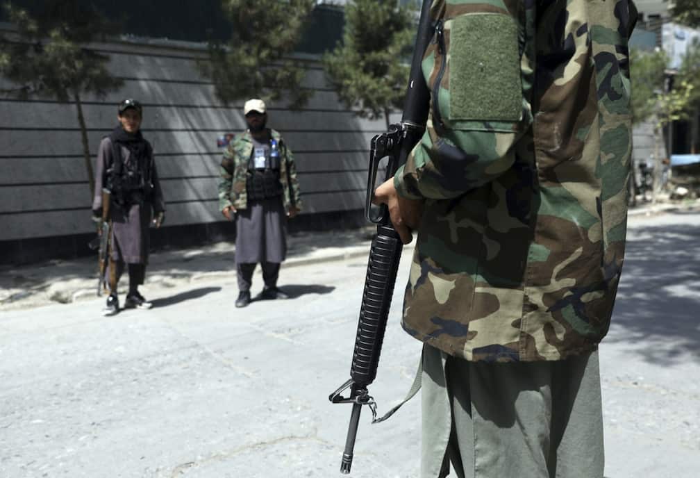 Taliban fighters stand guard at a checkpoint in the Wazir Akbar Khan neighbourhood in Kabul, Afghanistan, Sunday, Aug. 22, 2021