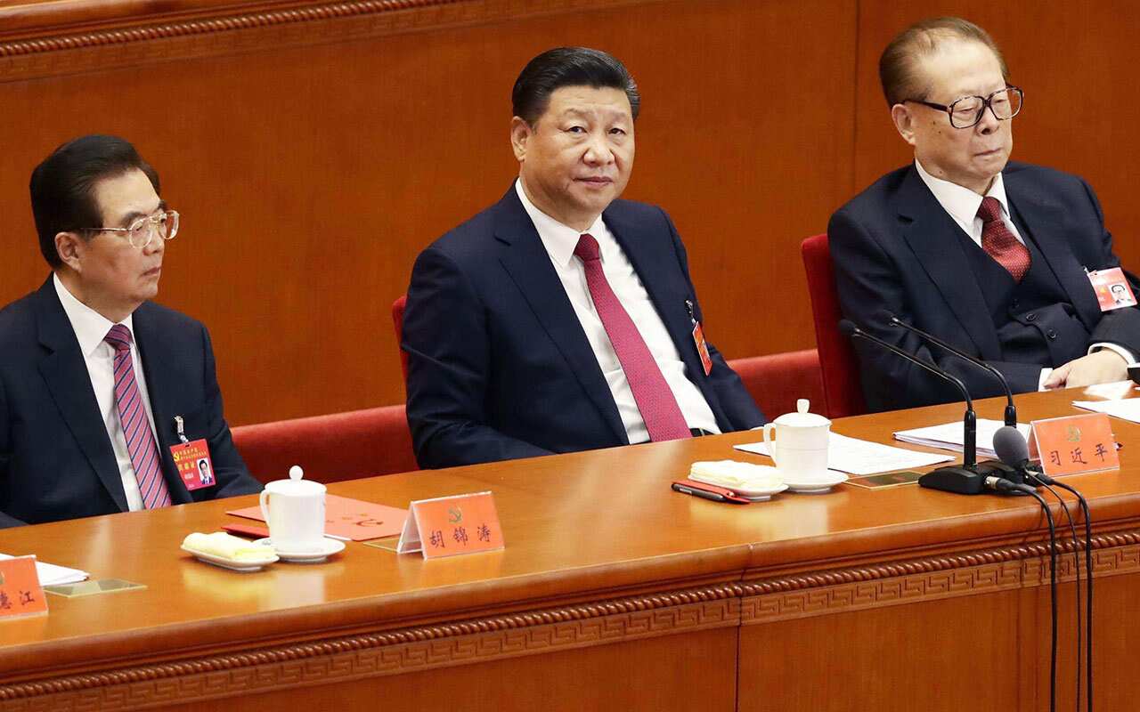 Chinese President Xi Jinping (C front) and his two immediate predecessors Hu Jintao (L) and Jiang Zemin on October 24, 2017.
