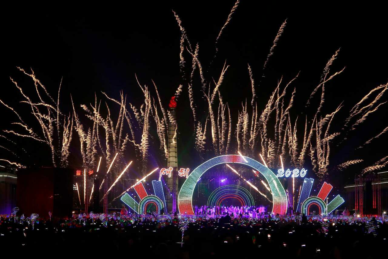Fireworks explode during a New Year celebration at the Kim Il Sung Square in Pyongyang, North Korea Wednesday, Jan. 1, 2020. (AP Photo/Jon Chol Jin)