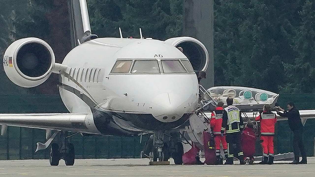 A stretcher is taken from special aircraft with the Kremlin critic Alexei Navalny on board at Tegel Airport in Berlin, Germany.