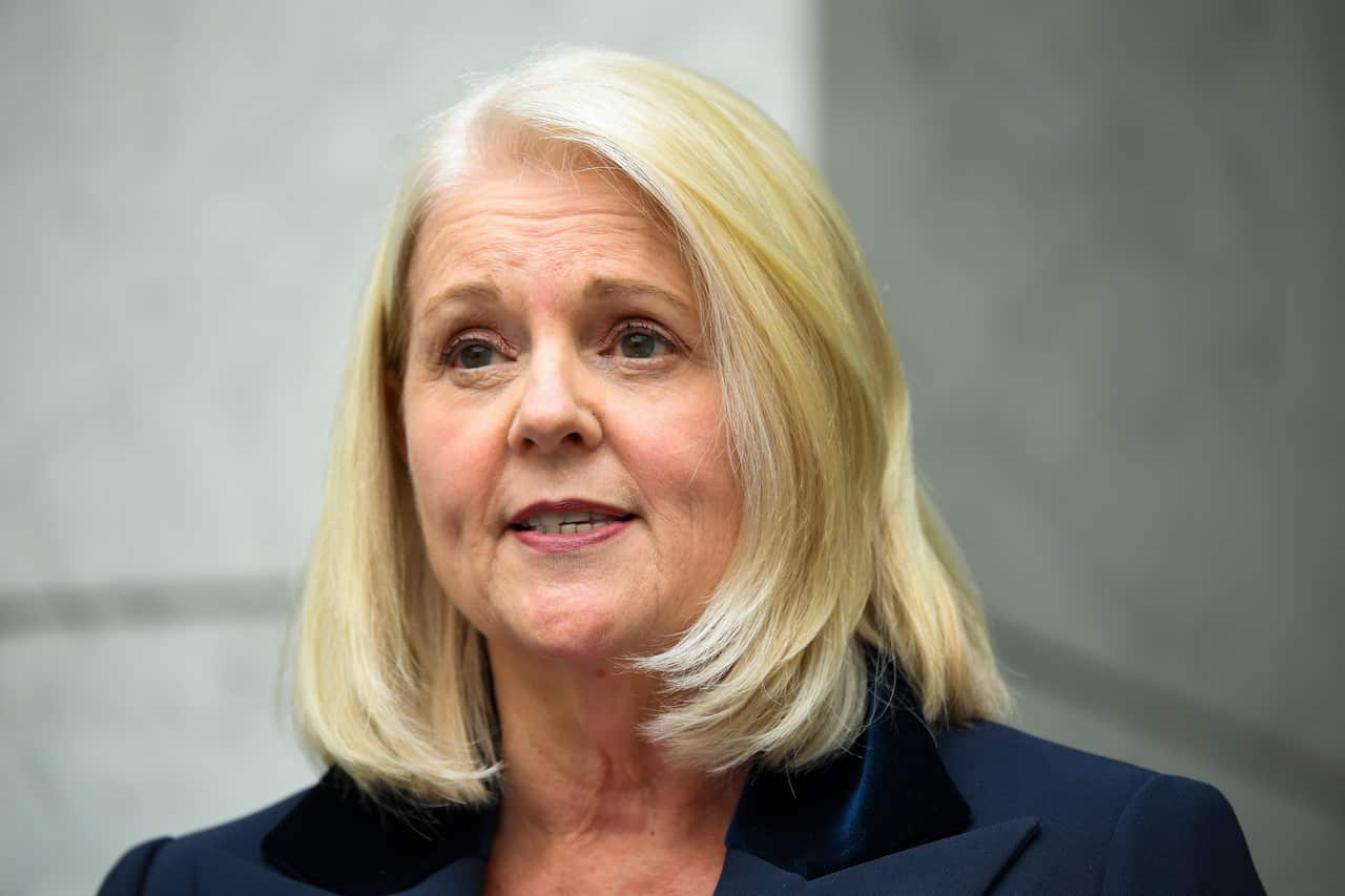 Home Affairs Minister Karen Andrews speaks to the media during a press conference at Parliament House in Canberra.