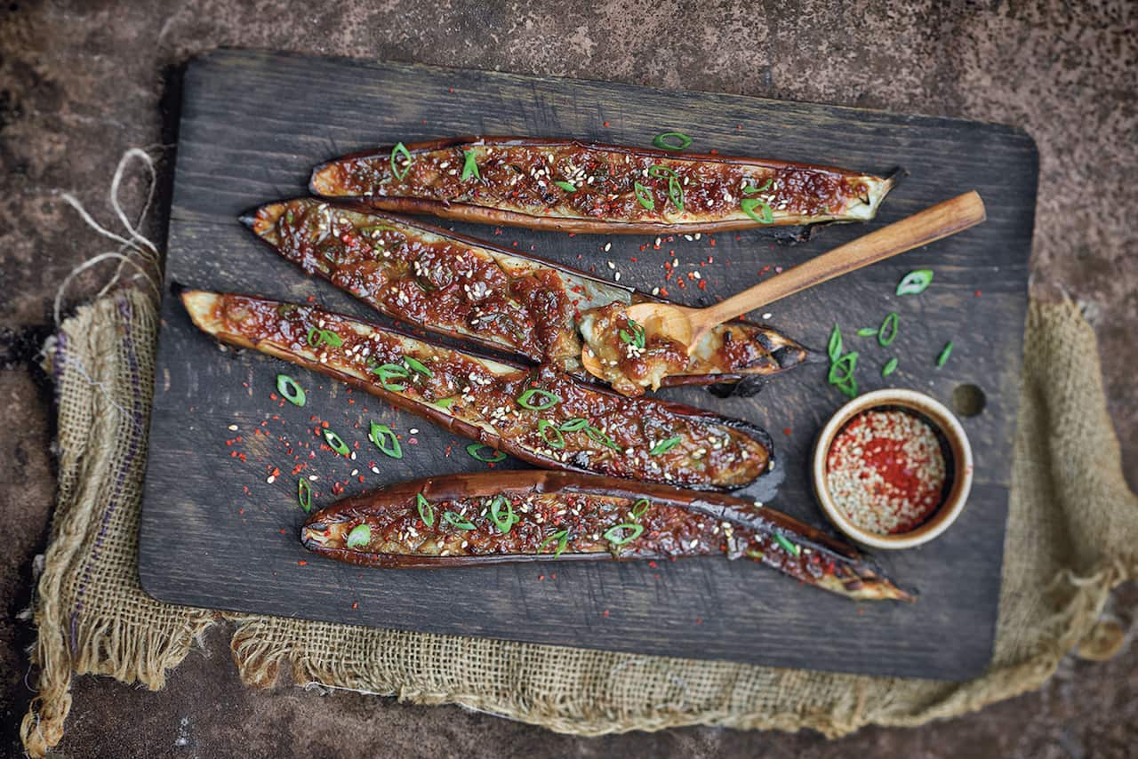 Doenjang-glazed grilled Asian aubergine
