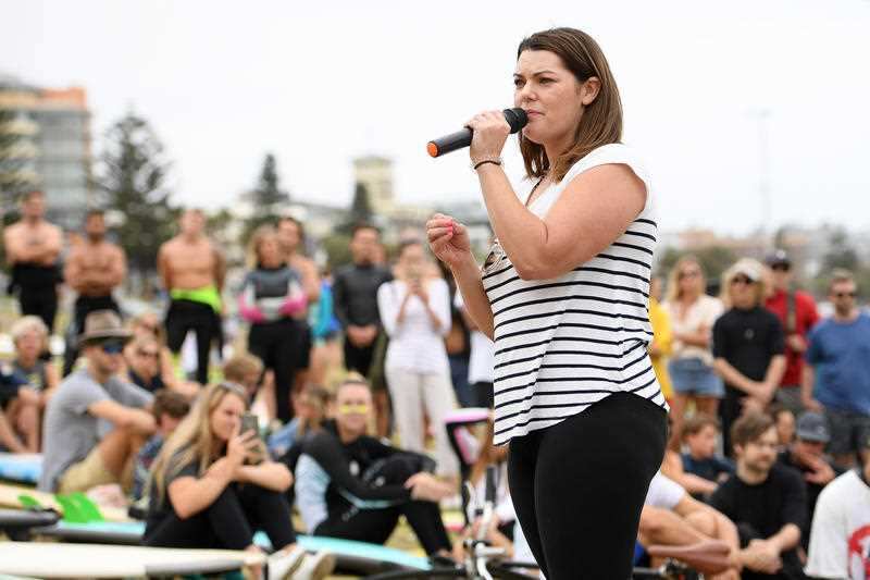 Greens Senator Sarah Hanson-Young addresses a rally at Bondi Beach, Sydney, Saturday, November 23, 2019.