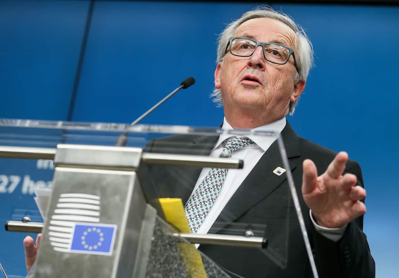 EU Commission President Jean-Claude Juncker gives a media statement after the meeting of the 27 European Heads of States and Governments in Brussels, Feb 2018.