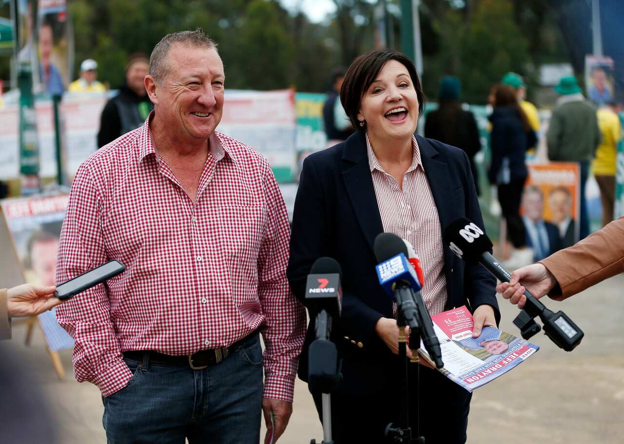Labor candidate for Upper Hunter Jeff Drayton and NSW Opposition Leader Jodi McKay speak to the media on polling day in Muswellbrook on Saturday, 22 May.