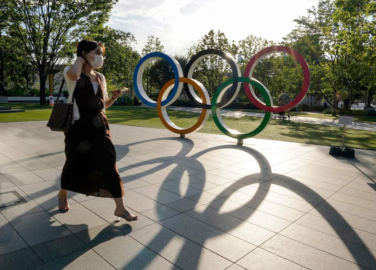 The Olympic Rings monument near the New National Stadium, or the Olympic Stadium for the Opening Ceremony in Tokyo, Japan.