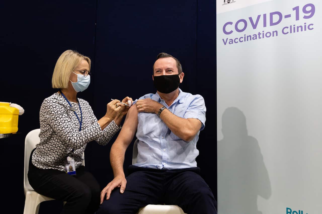 WA Premier Mark McGowan is seen receiving his first dose of the COVID-19 AstraZeneca vaccination in Perth, Monday, 3 May, 2021.