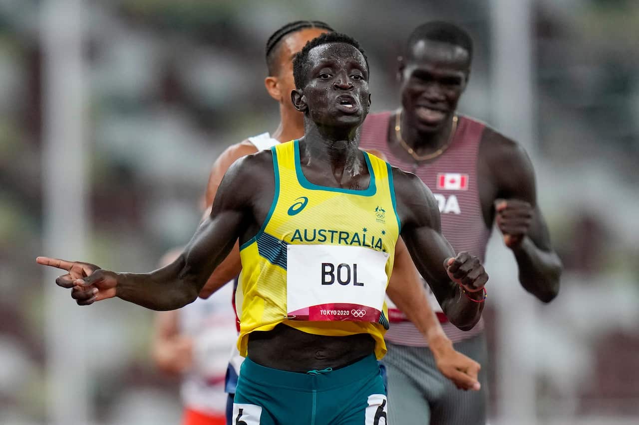 Peter Bol, of Australia, wins a men's 800-metre semifinal at the 2020 Summer Olympics, Sunday, 1 August 2021, in Tokyo.  