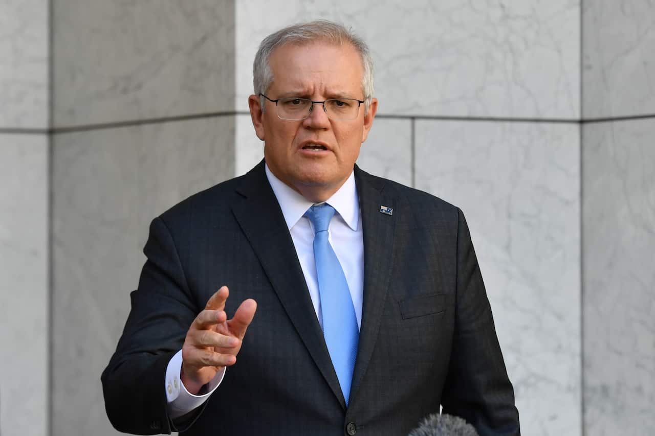 Prime Minister Scott Morrison speaks to the media during a press conference at Parliament House in Canberra.