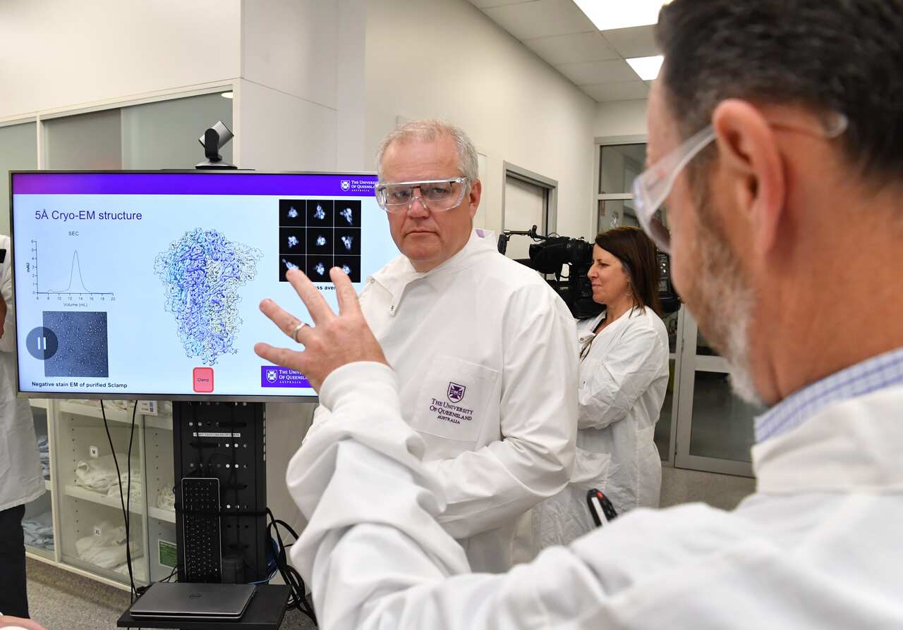Prime Minister Scott Morrison during a tour of the University of Queensland vaccine lab in Brisbane.
