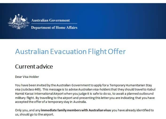 A copy of the temporary visa flight offer given to one Afghan evacuee.