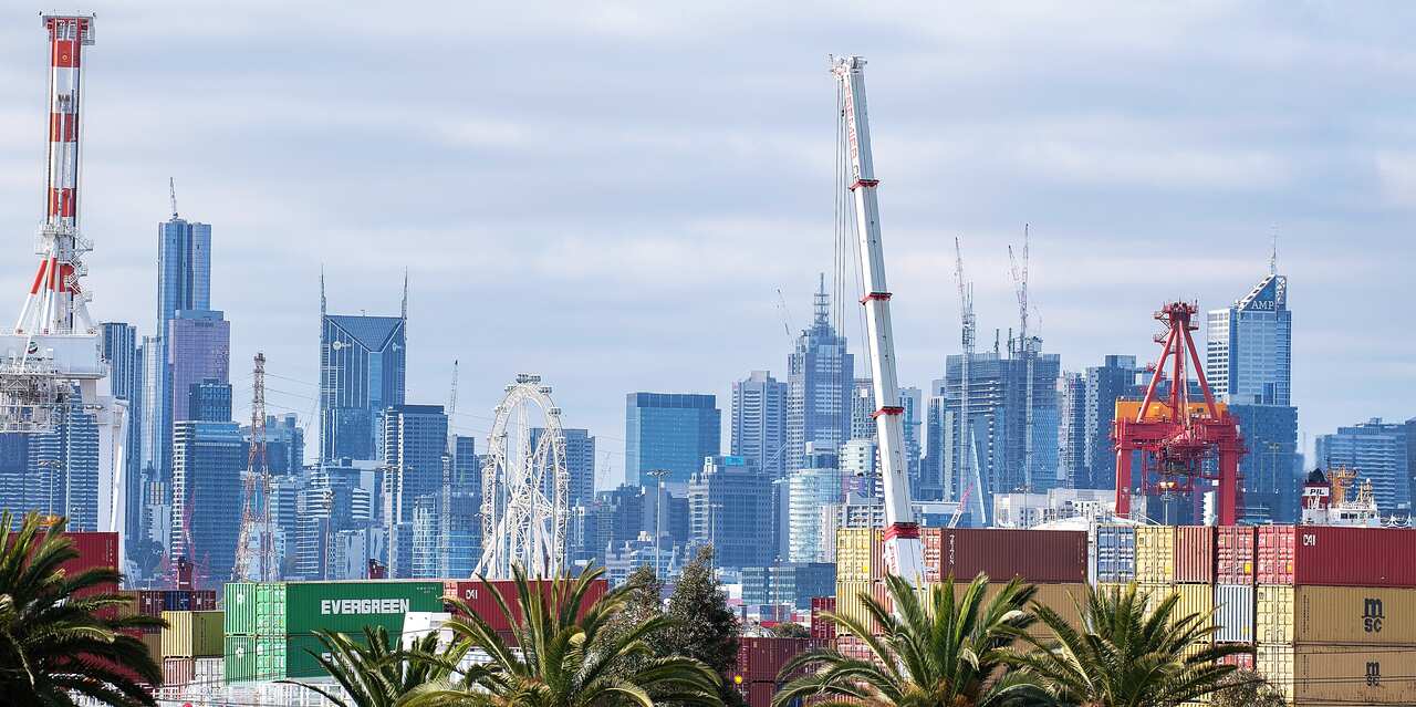 The Melbourne city skyline and shipping docks are seen from Yarraville, Melbourne, Sunday June 2, 2019. The Australian Bureau of Statistics will release the quarterly balance of payments on Tuesday, June 4, 2019.  (AAP Image/Ellen Smith) NO ARCHIVING