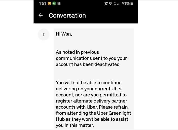 Rosya (Wan) was blocked from the Uber Eats app. 